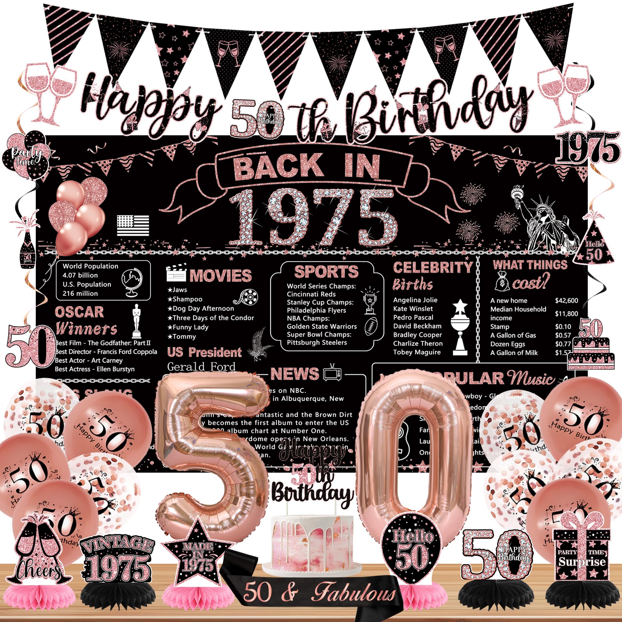 Photo 1 of DARUNAXY 50th Birthday Party Decorations for Women, Rose Gold Back in 1975 Banner, Rose Gold 50 Number Balloons & Cake Topper, Vintage 1975 50 Birthday Honeycomb Hanging Swirl Confetti Balloons(28PC)