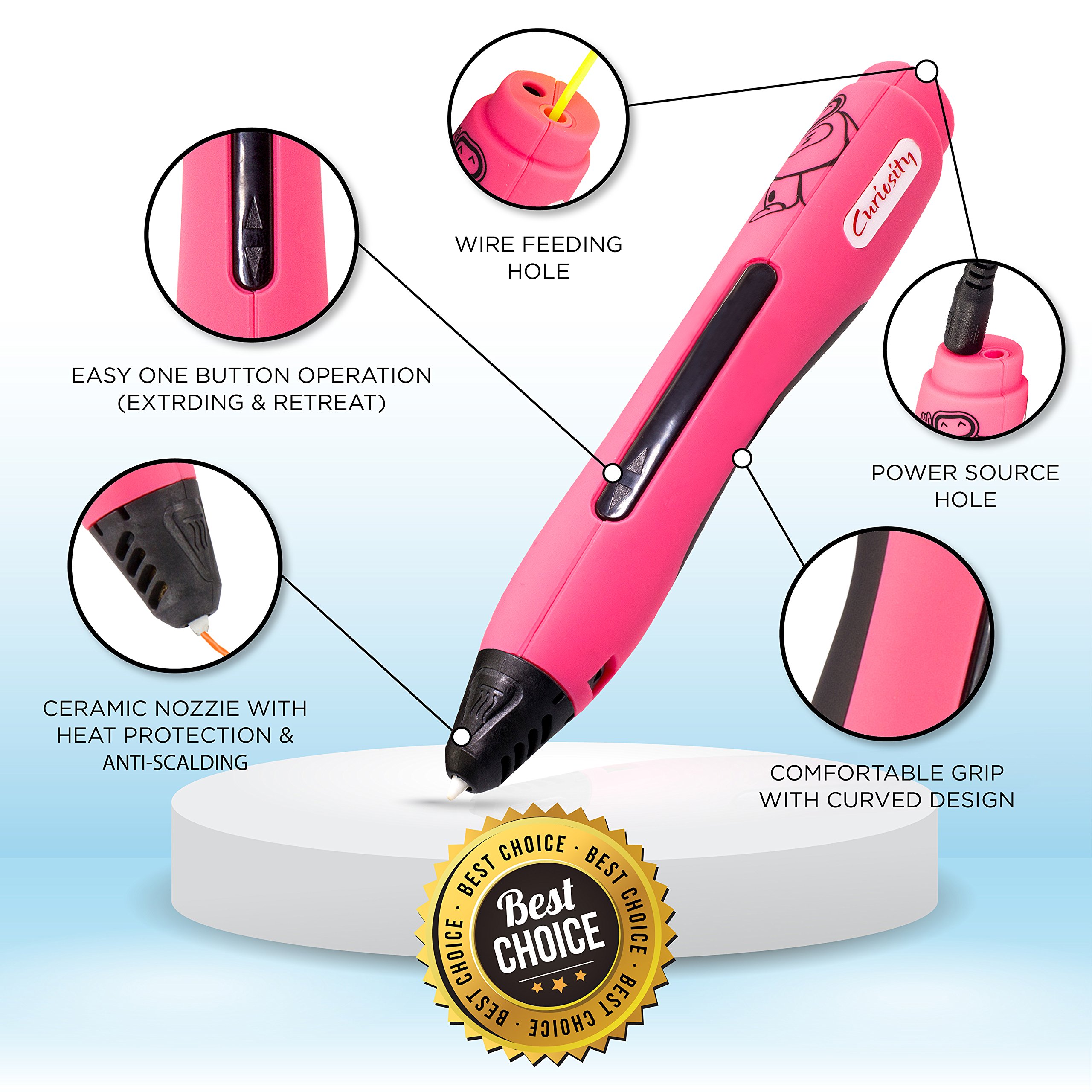 3D Printer Pen - Simple & Fun 1 Button Operation 3D Pen for Kids, Teens and Adults - Includes Two PLA Filaments, USB & BONUS Safety Shovel Tool by Curiosity