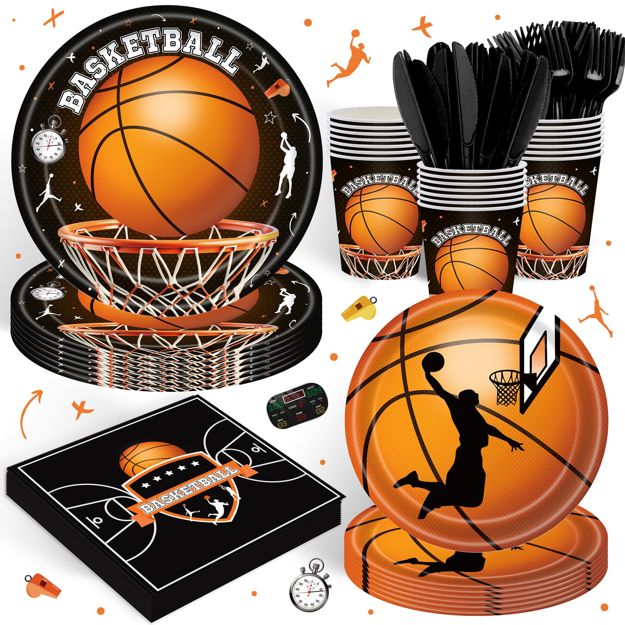 Photo 1 of 120PCS Basketball Party Supplies Birthday Party Decorations for Boys Kids Bday Sports Themed Basketball Tableware Set Plates Napkin Cups for 20 Guests