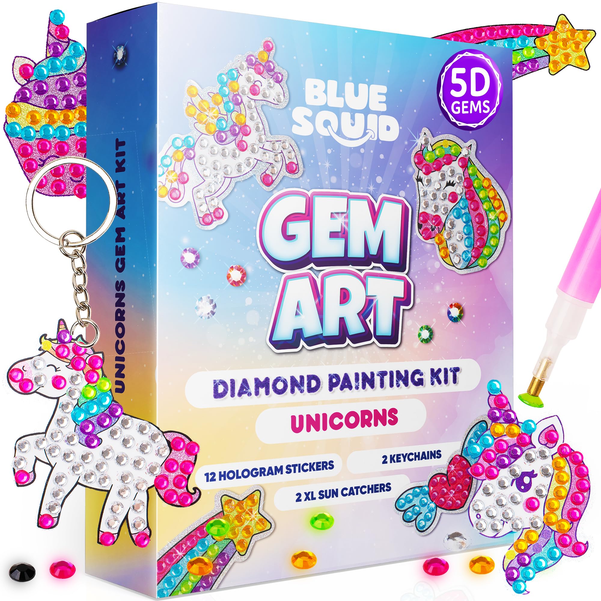 Blue Squid Diamond Art for Kids – Unicorn - Fun & Easy DIY 5D Gem Art Kits Kids Gift Set for Gem Keychains, Stickers, Sun Catchers - Diamond Painting for Kid Girls, Boys Ages 6-12