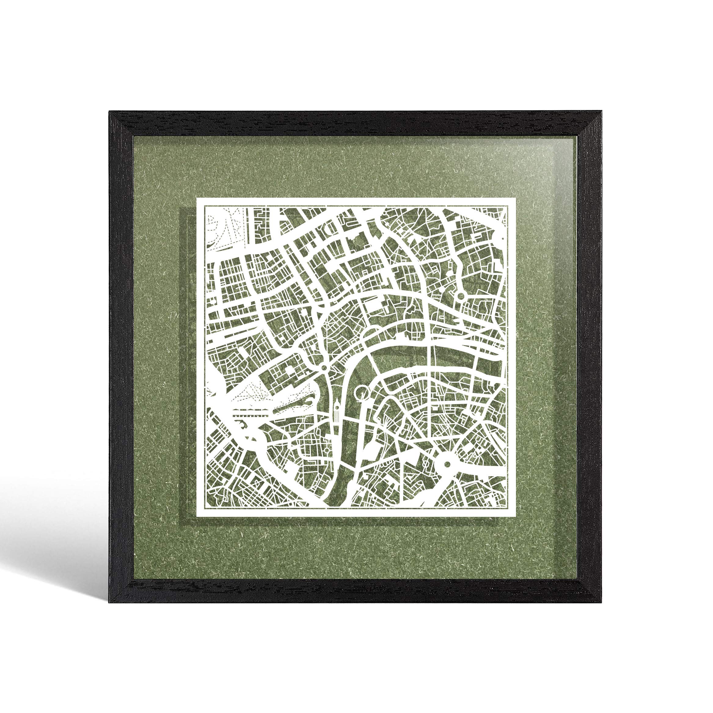 O3 DESIGN STUDIO London Paper Cut Map framed, White map, Black frame, 9x9 inches, Gift Boxed, 4 background color, self-changing, Paper Art
