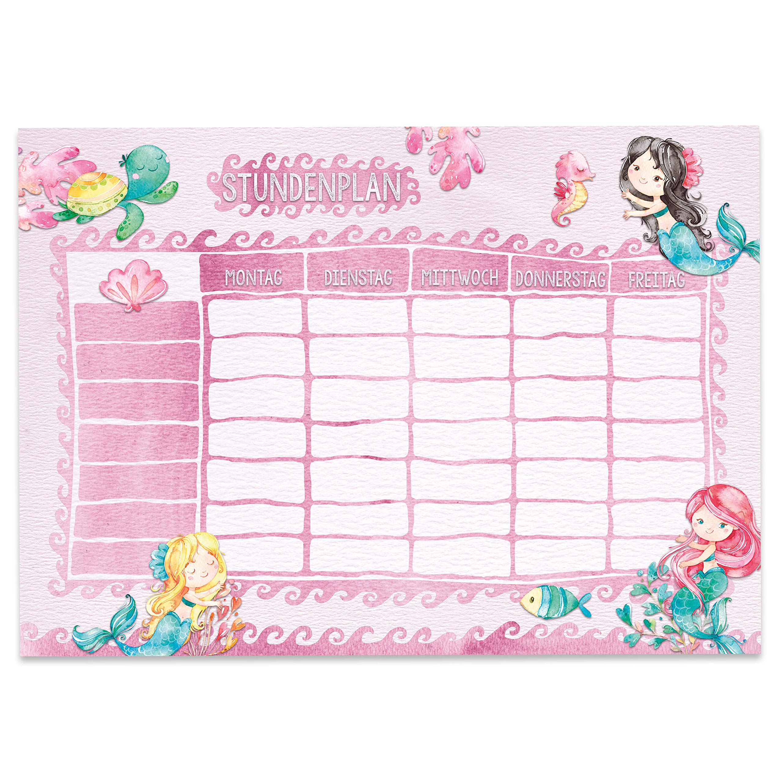 Papierdrachen Timetable DIN A4 Pad - Mermaid Motif - Can be written on School or University - Diary and Weekly Plan for Children