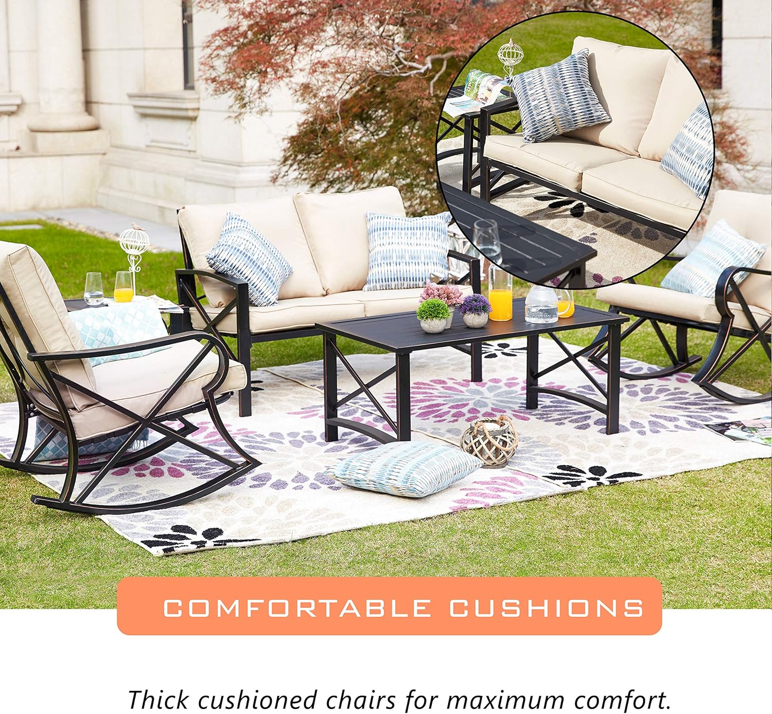 LOKATSE HOME 5 Pieces Patio Conversation Set Outdoor Metal Furniture Padded Deep Seating with Loveseat, 2 Rocking Chairs and 2 Coffee Table, Khaki : Garden & Outdoor