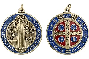 VILLAGE GIFT IMPORTERS Saint Benedict Protection Medals | Set of Two | Bronze-Tone with Red and Blue Enamel Accents | Great Gift for First Communion, Confirmation, and Housewarming
