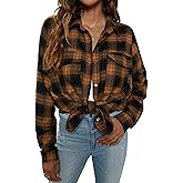 Blooming Jelly Women's Button Down Flannel Shirts Plaid Shacket Long Sleeve Collared Business Casual Tops Work Blouses