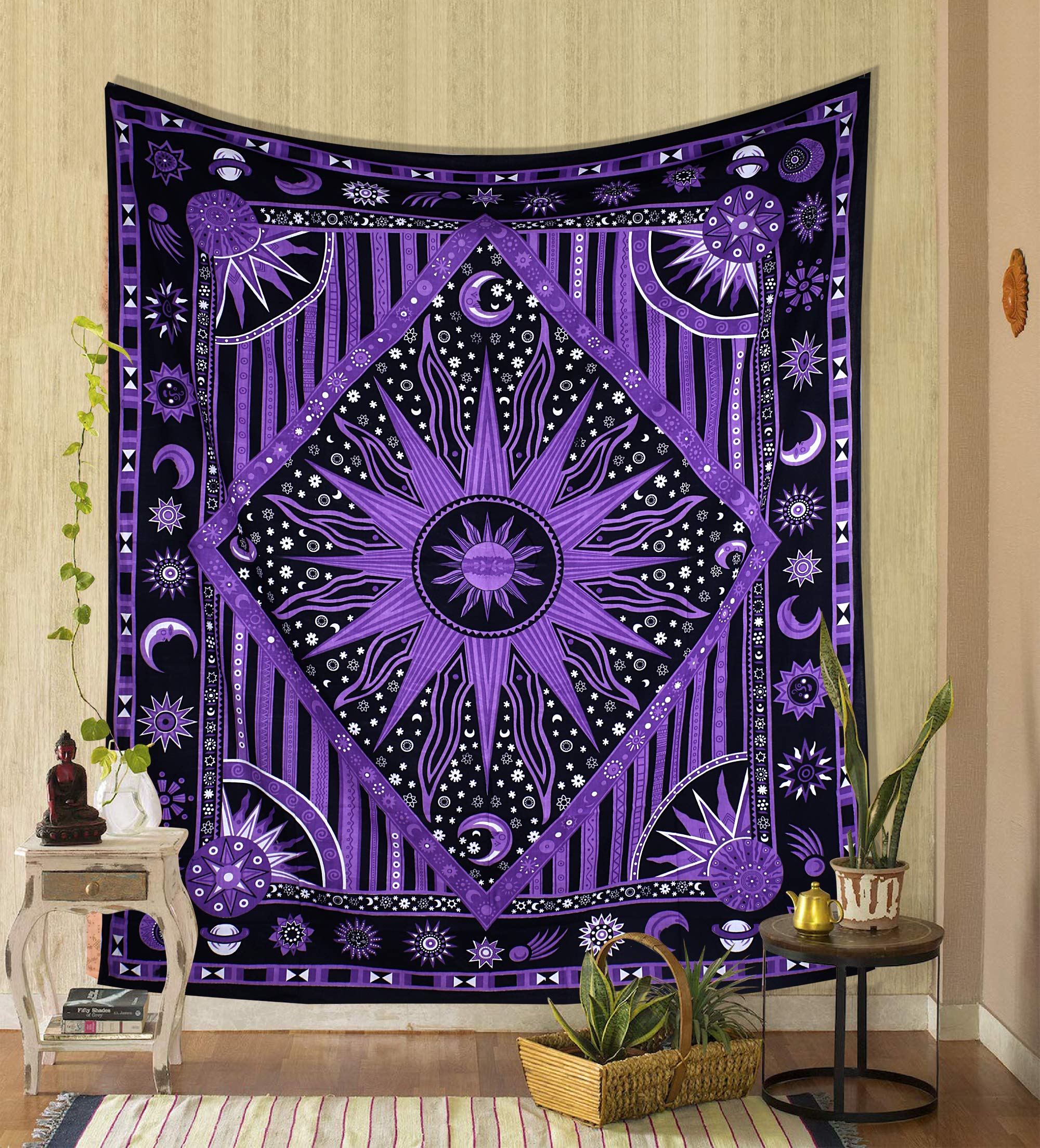 THE ART BOX Purple Sun and Moon Mandala Wall Hanging Tapestry – 140x210 cm Boho Home Décor Celestial Wall Art for Bedroom