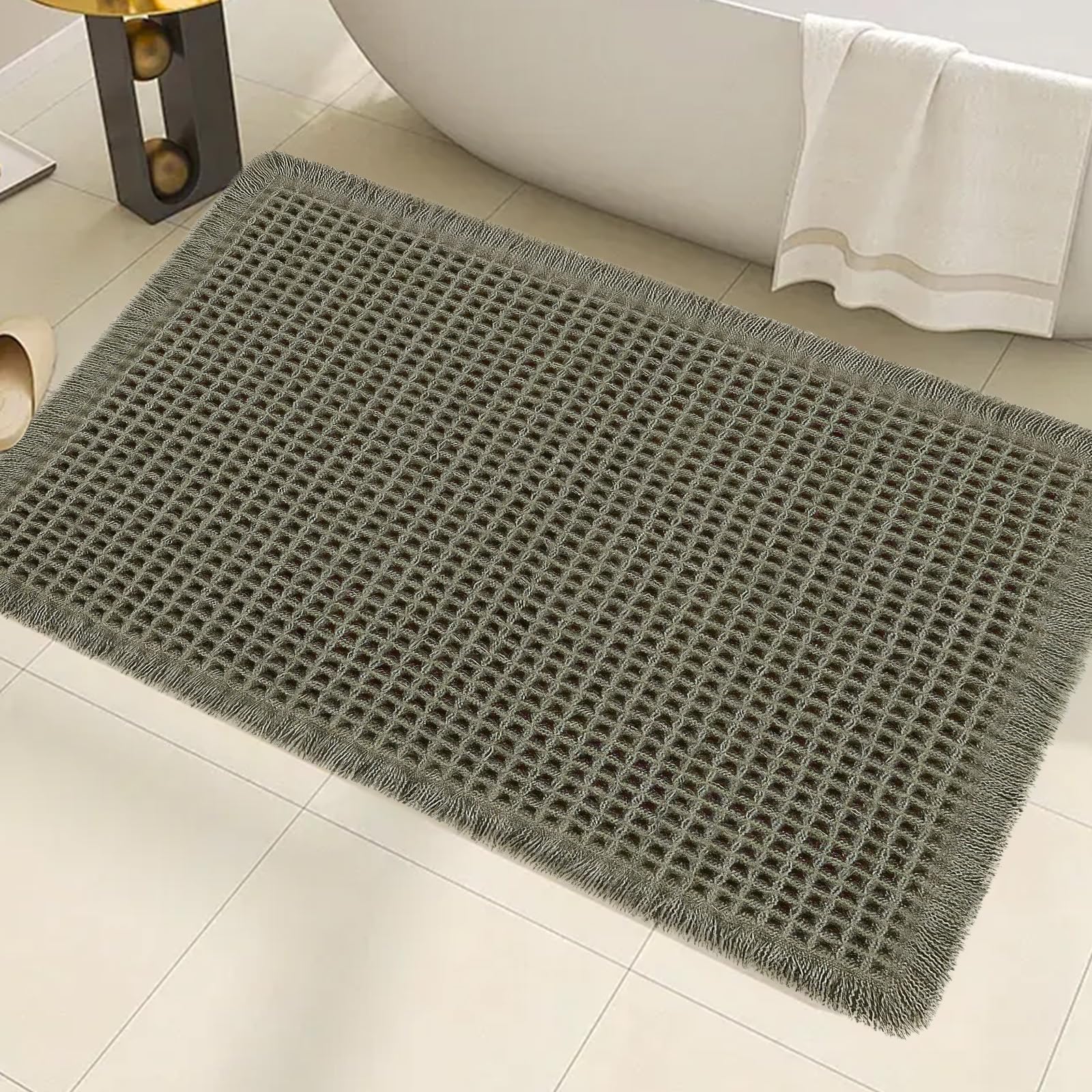 AIBIIN 18"x30" Green Waffle Bath Mat Super Absorbent Non Slip Bathroom Rug Machine Washable Rubber Backed Bath Mats for Living Room Bathroom Doormat