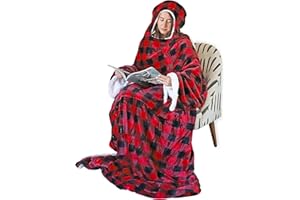 Tirrinia Hood Sherpa Wearable Blanket Red Buffalo Plaid for Adult Women and Men, Super Soft Comfy Warm Plush Throw with Sleeves TV Blanket Wrap Robe Hoodie Cover for Sofa, Couch 72" x 55"