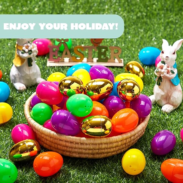JOYIN 100PCS EASTER EGGS, PLASTIC 2.3″ 94PCS COLORFUL WITH 6PCS GOLDEN EGGS BULK EMPTY FILLABLE FOR EASTER HUNT PARTY FAVOR BASKET STUFFERS FILLER CLASSROOM PRIZE SUPPLIES DECOR