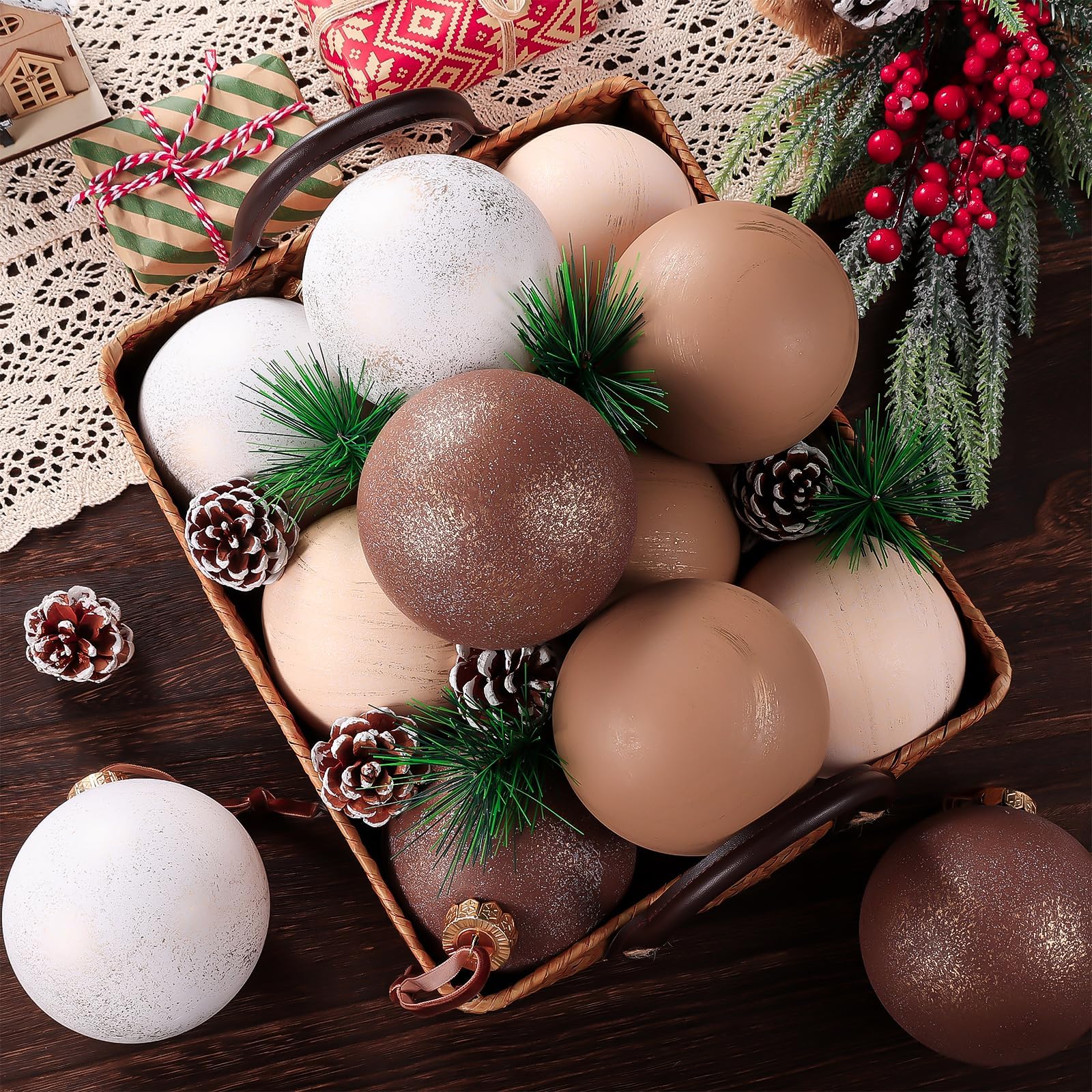 Photo 1 of 12 Pcs Neutral Textured Christmas Ball Ornaments 4 Inch Xmas Tree Decorations Rustic Farmhouse Boho Vintage Hanging Ornaments Earth Toned Home Decor for Tree Party Holiday (Brown)