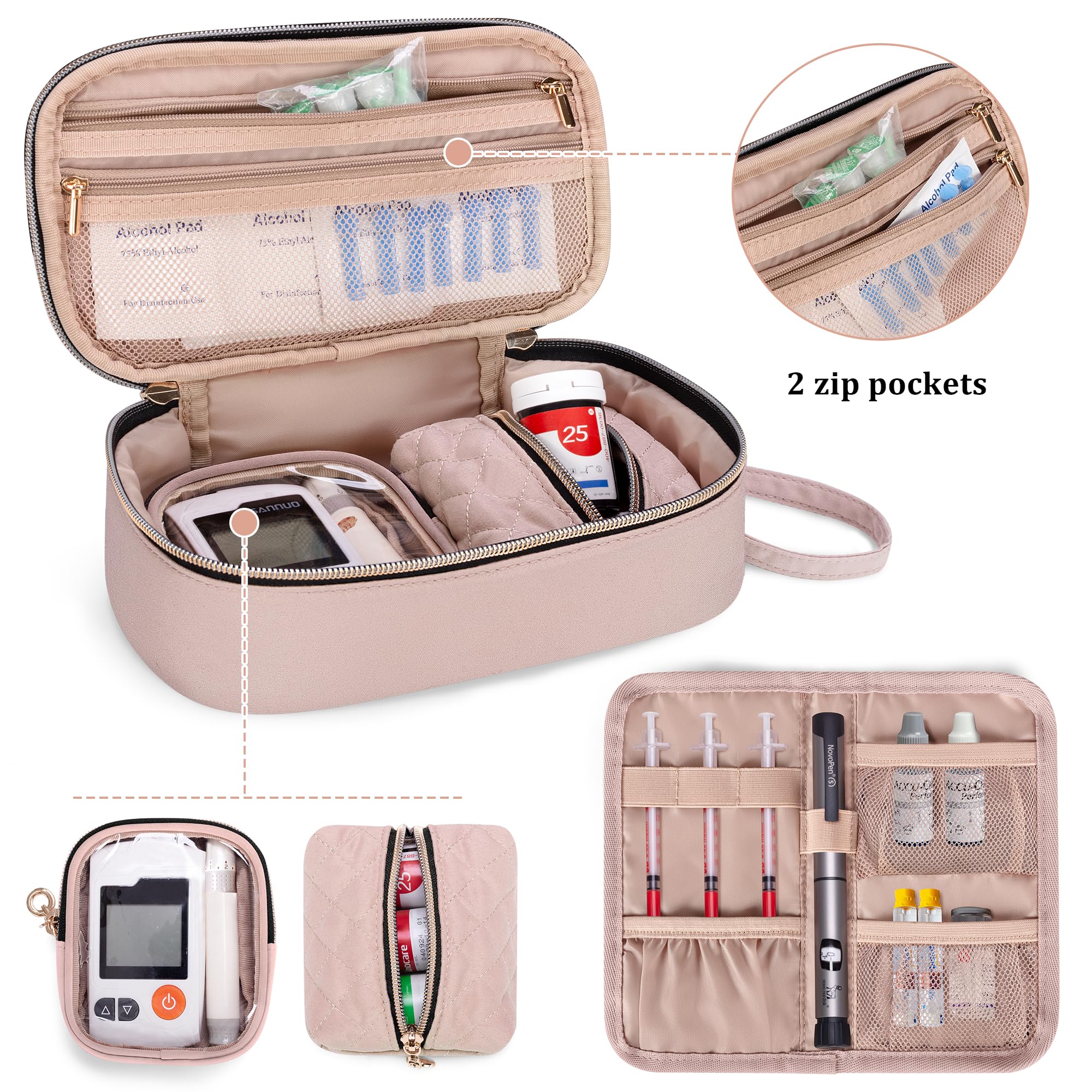 YARWO Diabetic Travel Case for Blood Glucose Monitor, Test Strips, Insulin Syringes, Diabetes Supplies Storage Bag with 2 Detachable and 1 Folding Pouches for Diabetic Care Kits, Dusty Rose (Bag Only)