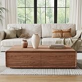 Coffee Table with 4 Drawers, 47" Rectangular Walnut Storage Coffee Table, Mid-Century Modern Low Profile Center Table for Living Room
