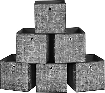 SONGMICS Storage Boxes Set of 6 30 cm Cube Fabric with Handles Heathered Black