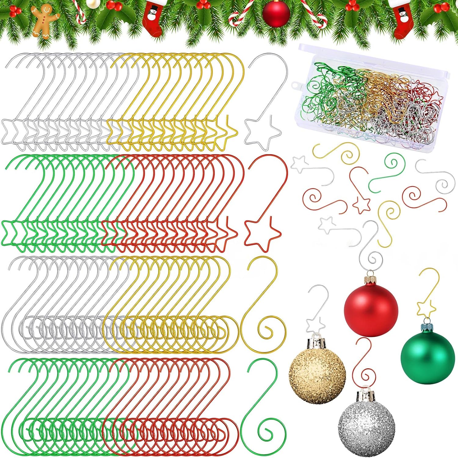 Ornament Hooks - Hotop Christmas Ornament Hooks Mini Ornament Hangers Decorative Star Sharped Hooks Swirl Christmas Hanging Hook with Storage Box for Christmas Tree Decoration (Gold, Silver, Red, Green,160 Pieces)