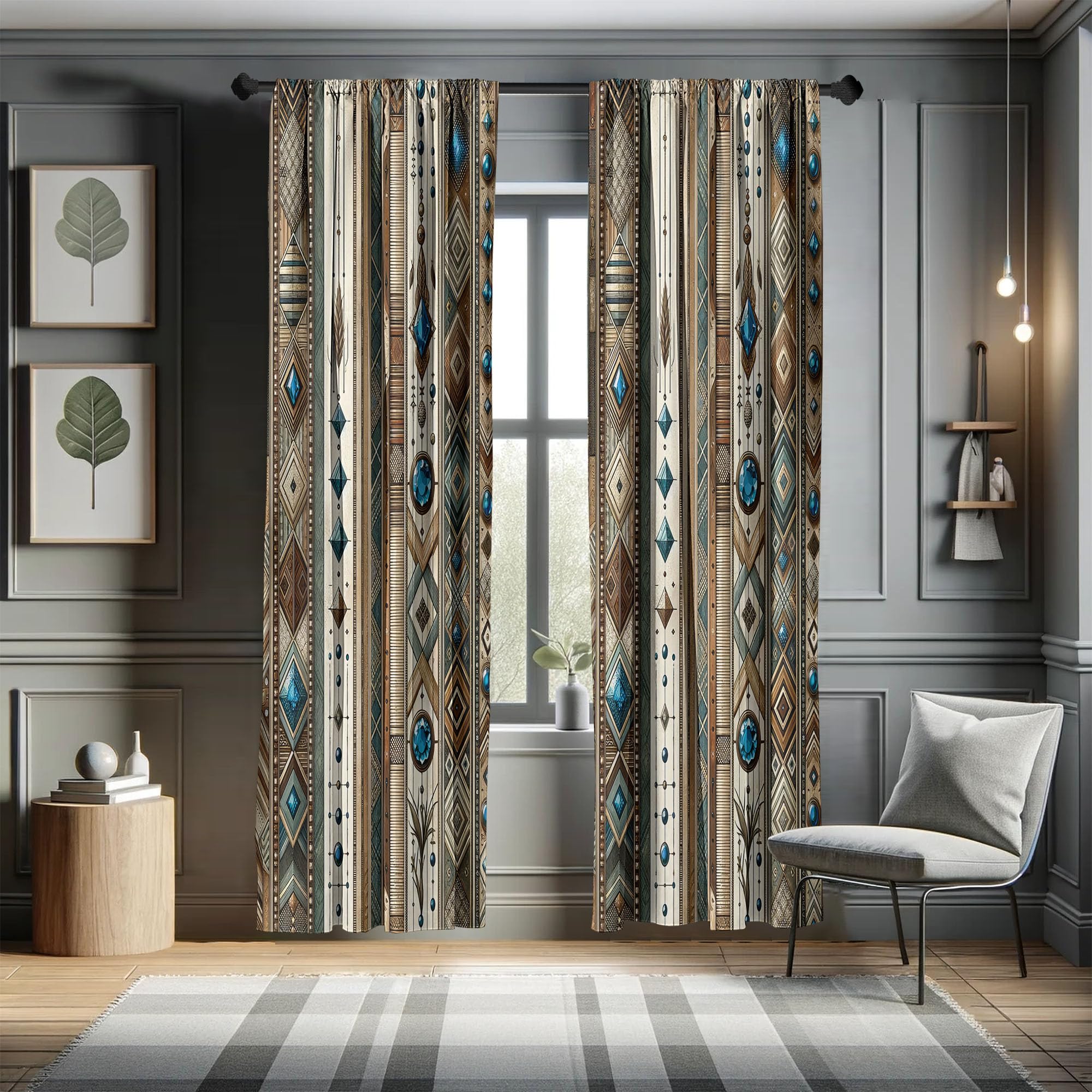 ABAKUHAUS Bohemian Window Curtains, Ethnic Art of Southwestern Stripes Rhombuses Deep Ocean Gemstone Print, Lightweight Decor 2-Panel Set with Rod Pocket, 150x175 cm, Brown Tan and Sea Blue