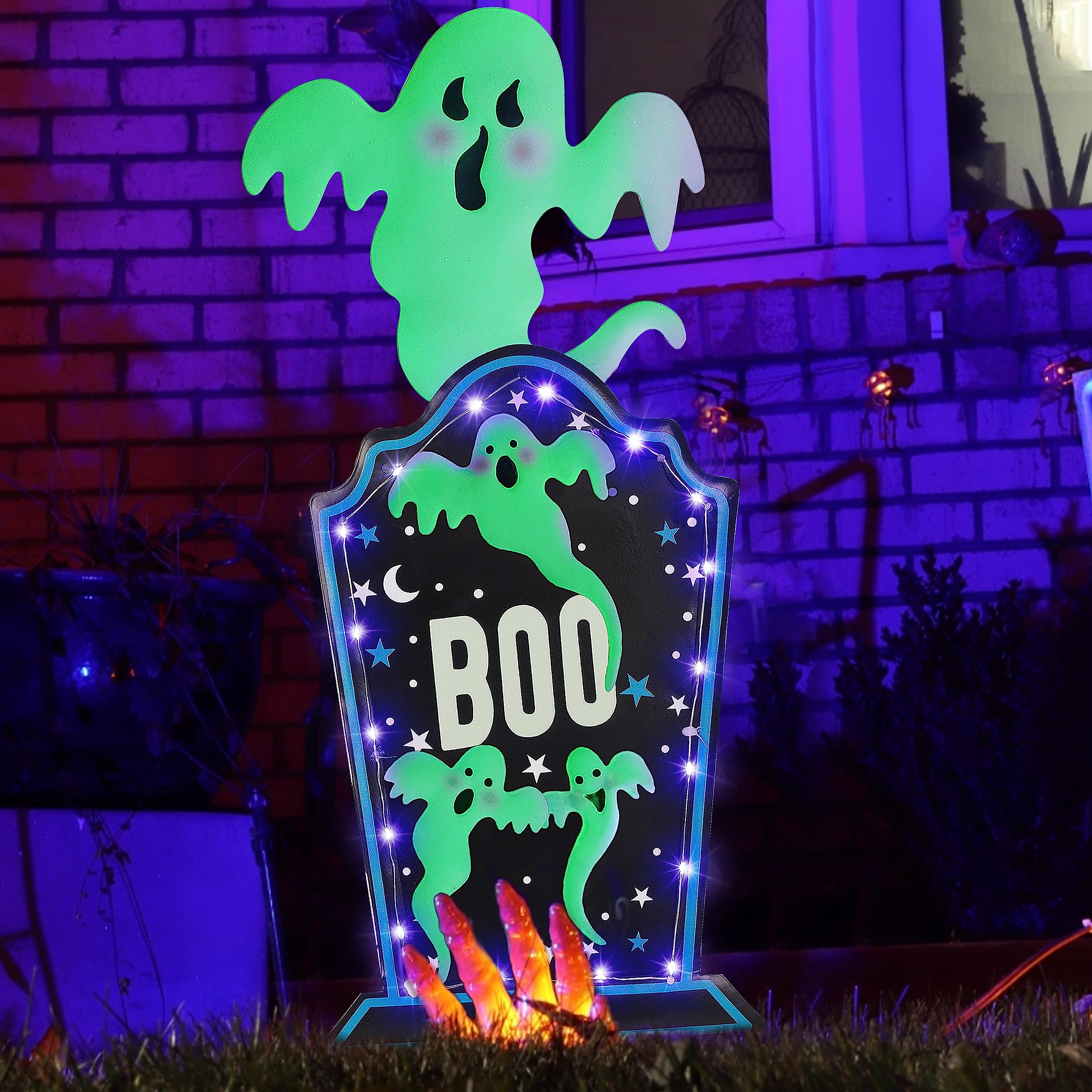 Photo 1 of Joliyoou Halloween Yard Stake, 26.4" Solar Lighted Metal Tombstone with Glow in The Dark Ghosts, 18 LED Purple Lights Spooky Yard Sign for Outdoor Front Door Yard Lawn Garden Decors