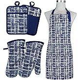 Alselo Oven Mitts and Pot Holders with Cooking Apron,Set of 5 Heat Resistant Kitchen Gloves and Silicone Non-Slip Potholders Adjustable Neck Buckle Chef Apron, Cotton Nice Design for Cooking (Navy)