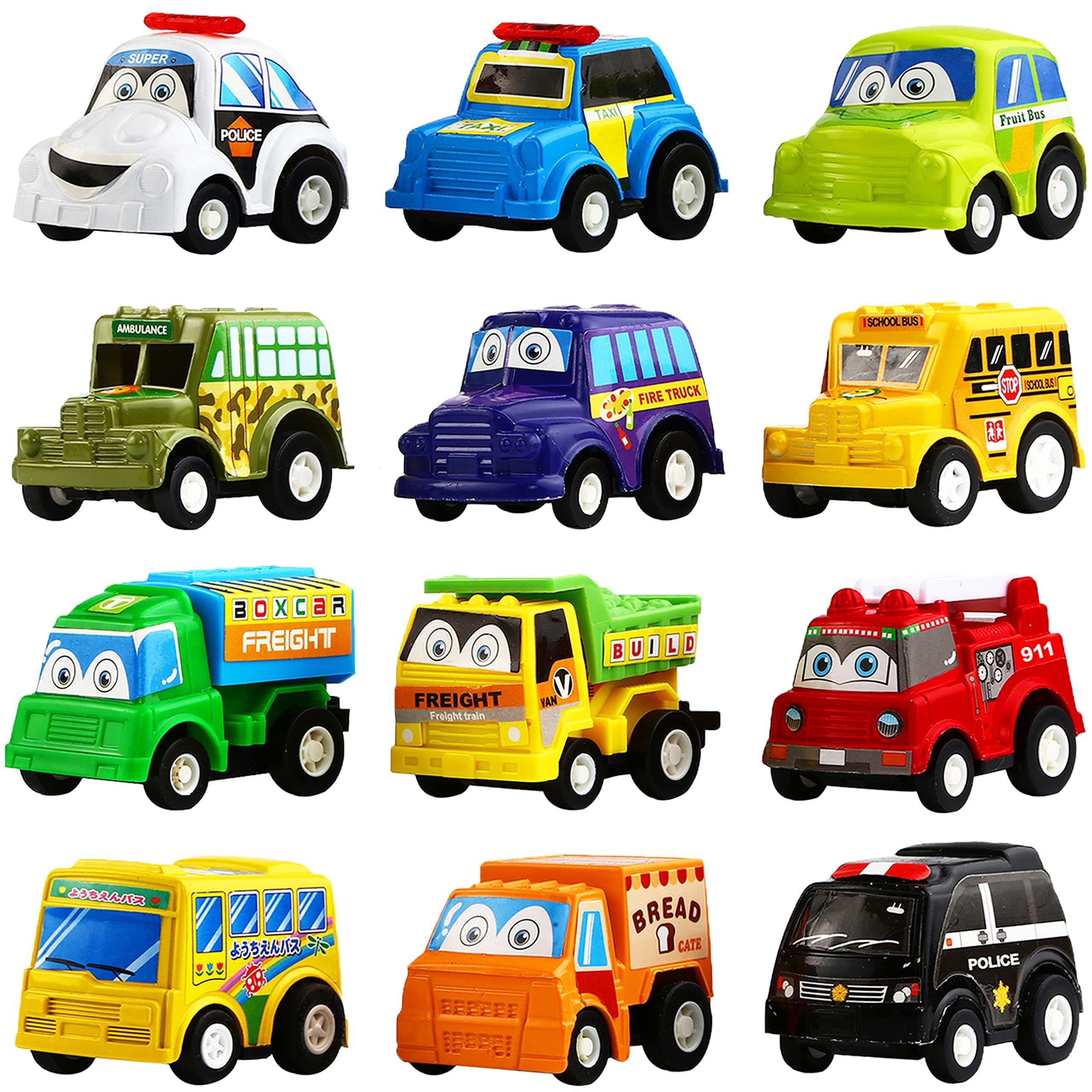Photo 1 of Funcorn Toys Pull Back Car, 12 Pack Assorted Mini Plastic Vehicle Set, Pull Back Truck and Car Toys for Boys Kids Toddler Party Favors,Die Cast Car Toy Play Set