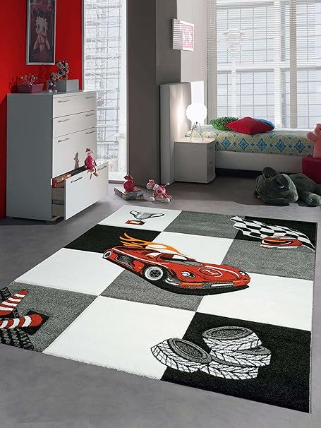 Kinderteppich Auto Kinderzimmerteppich Rennauto mit Konturenschnitt in Grau Weiß Schwarz, Größe 80x150 cm