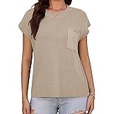 Women's Summer Short Sleeve Sweater with Chest Pocket Ribbed Crew Neck Loose Pullover Top