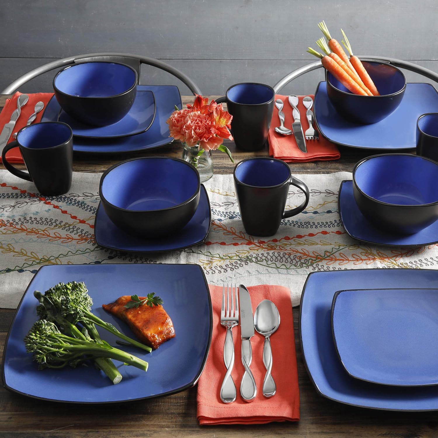  | Gibson Soho Lounge Dinnerware set, Square, Blue: Dinnerware Sets