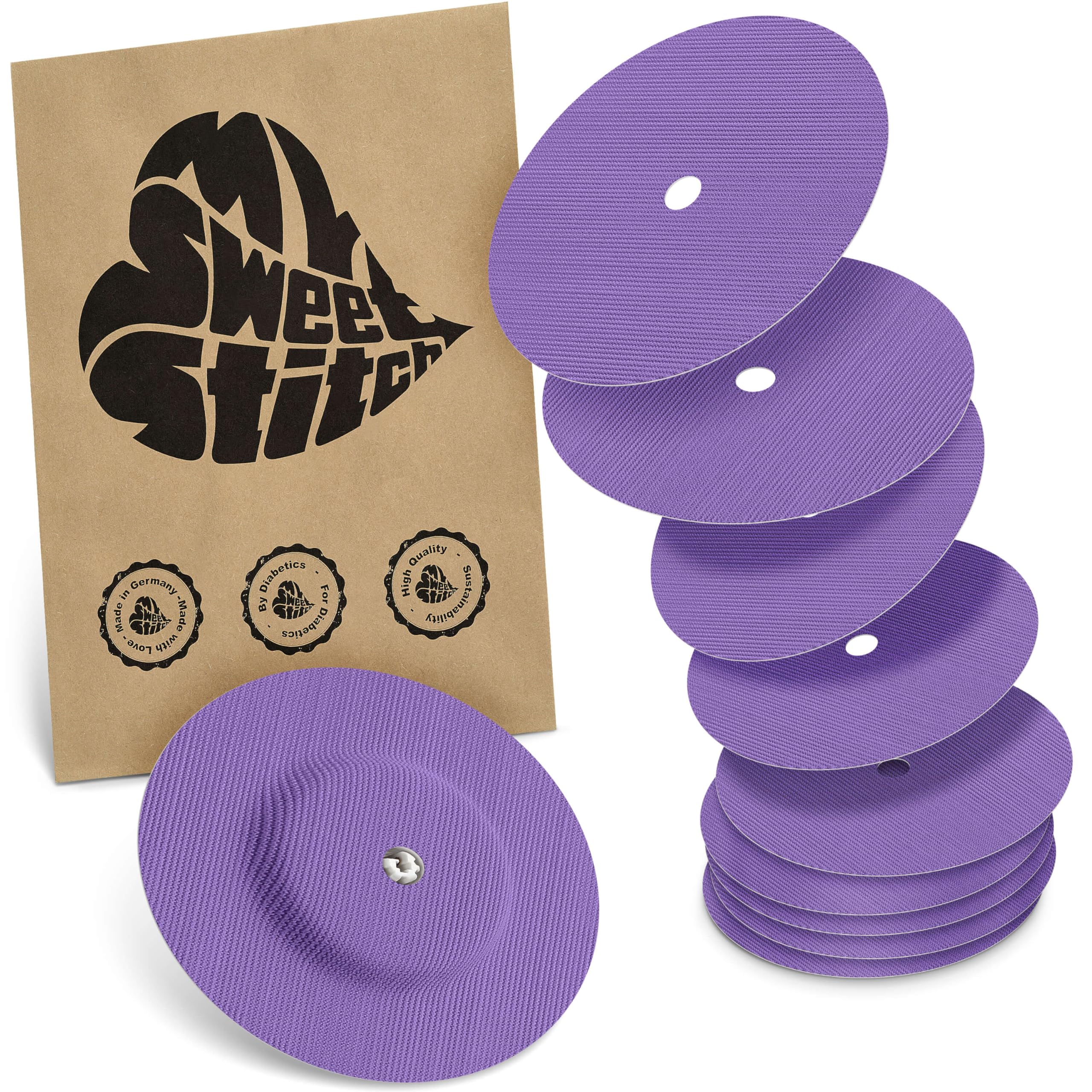 MySweetStitch - 10 x Freestyle Libre 1 & 2 Round Patches with Ventilation Hole, Overpatch Ø 65mm, Waterproof, Breathable, Made in Germany, Purple