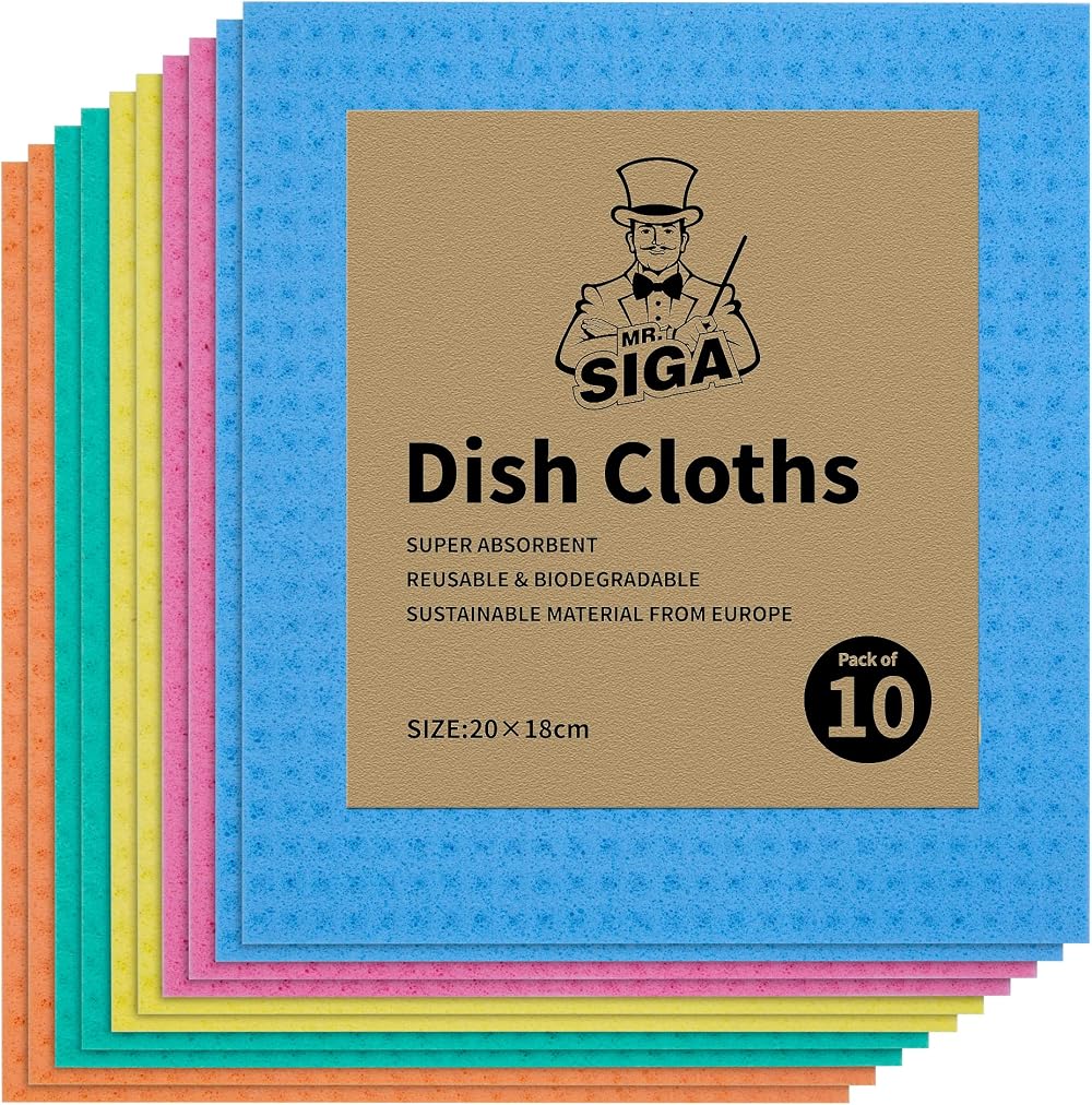 MR.SIGA Reusable Dish Cloths 10 Pack Cellulose Sponge Cloth Multicolor