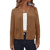 AGSEEM Womens Cardigan Long Sleeve Crew Neck Button Down Open Front Soft Knit Sweaters with Pockets, Brown, X-Small