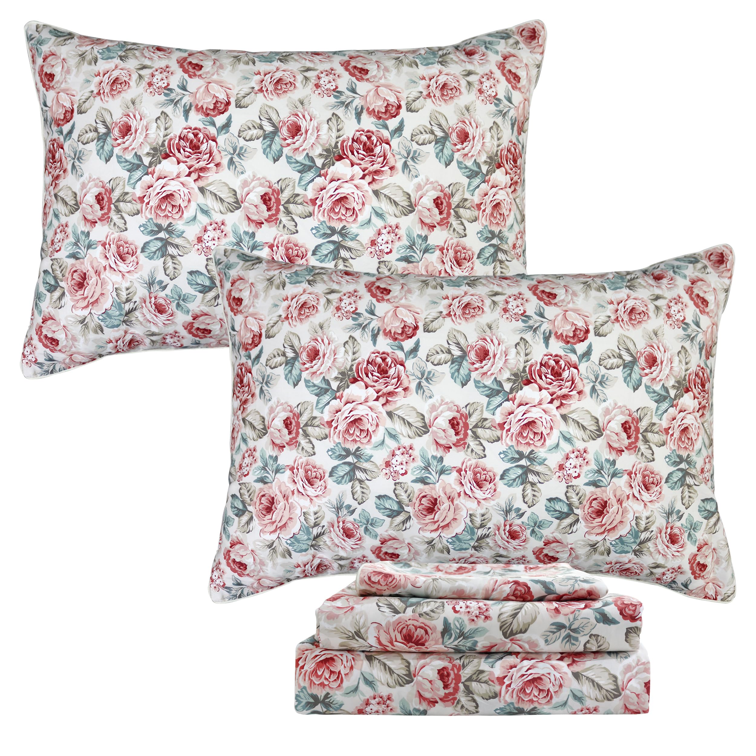 FADFAY Rose Floral Sheets Queen Vintage Red Floral Bedding Shabby Rustic Rose Sheets French Country Farmhouse Bedding 800 Thread Count 100% Egyptian Cotton Deep Pocket Fitted Sheet 4Pcs, Queen Size Image