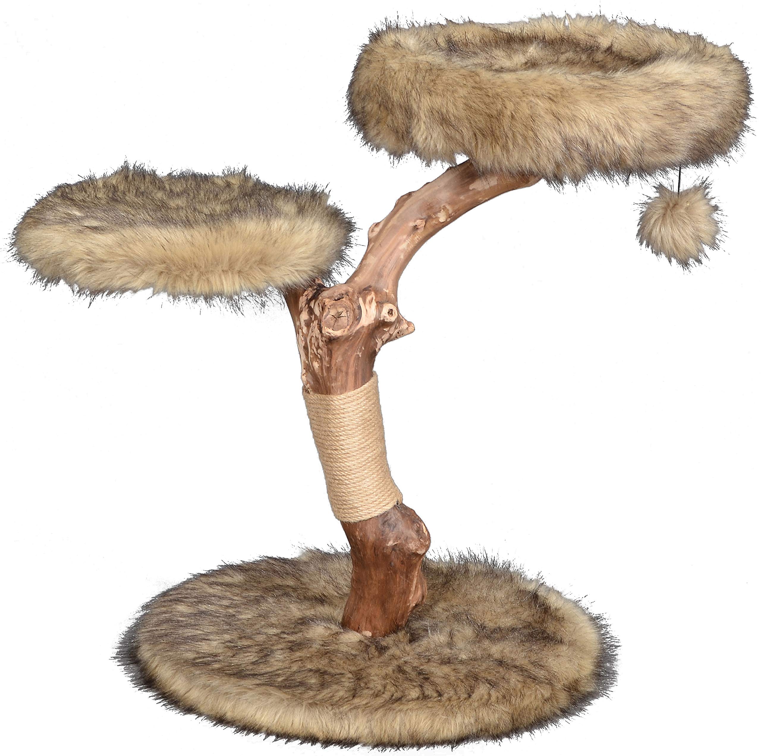 dobar Jimmy Designer Cat Scratching Post with Natural Trunks and Play Ball, Cat Furniture with Two Lying Surfaces, Diameter 50 x 72-82 cm, Brown