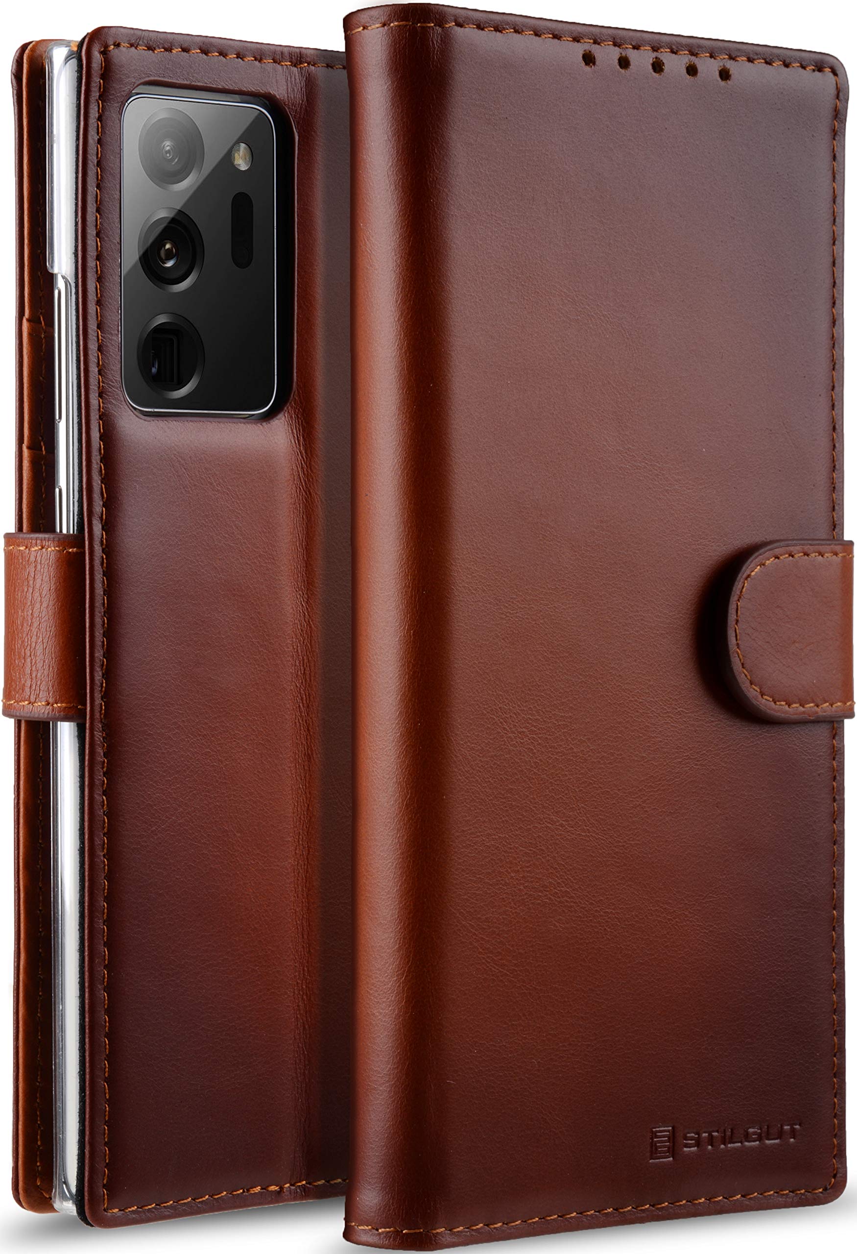 StilGut Wallet Case for Samsung Galaxy Note 20 Ultra, Genuine Leather Galaxy Note 20 Ultra Case with Card Holder & Stand Function, Cognac Antique
