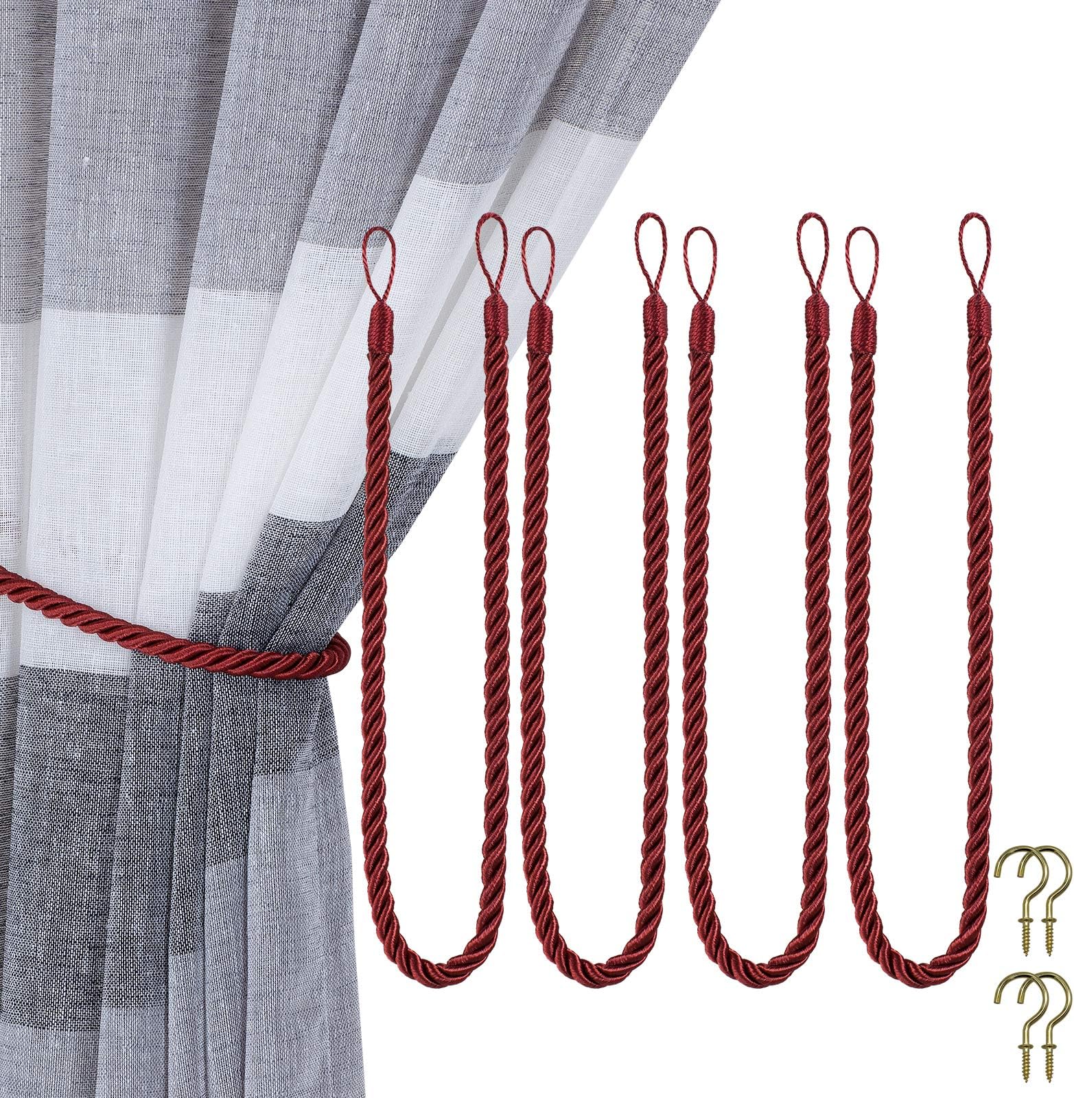 Home Queen Rope Tie Backs for Window Curtain with 4 Hooks, Hand Knitting Buckle Cord Drapery Holdbacks, 4 Pieces, Burgundy