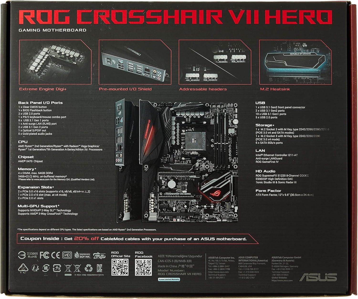 Amazon Com Asus Rog Crosshair Vii Hero Amd Ryzen 2 Am4 Ddr4 M 2 Usb 3 1 Gen2 Atx X470 Motherboard Computers Accessories