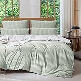 MILDLY Jacquard Stripe Duvet Cover - Sage Green 100% Washed Cotton Boho Textured Comforter Cover Set with Zipper Closure 90"x90"