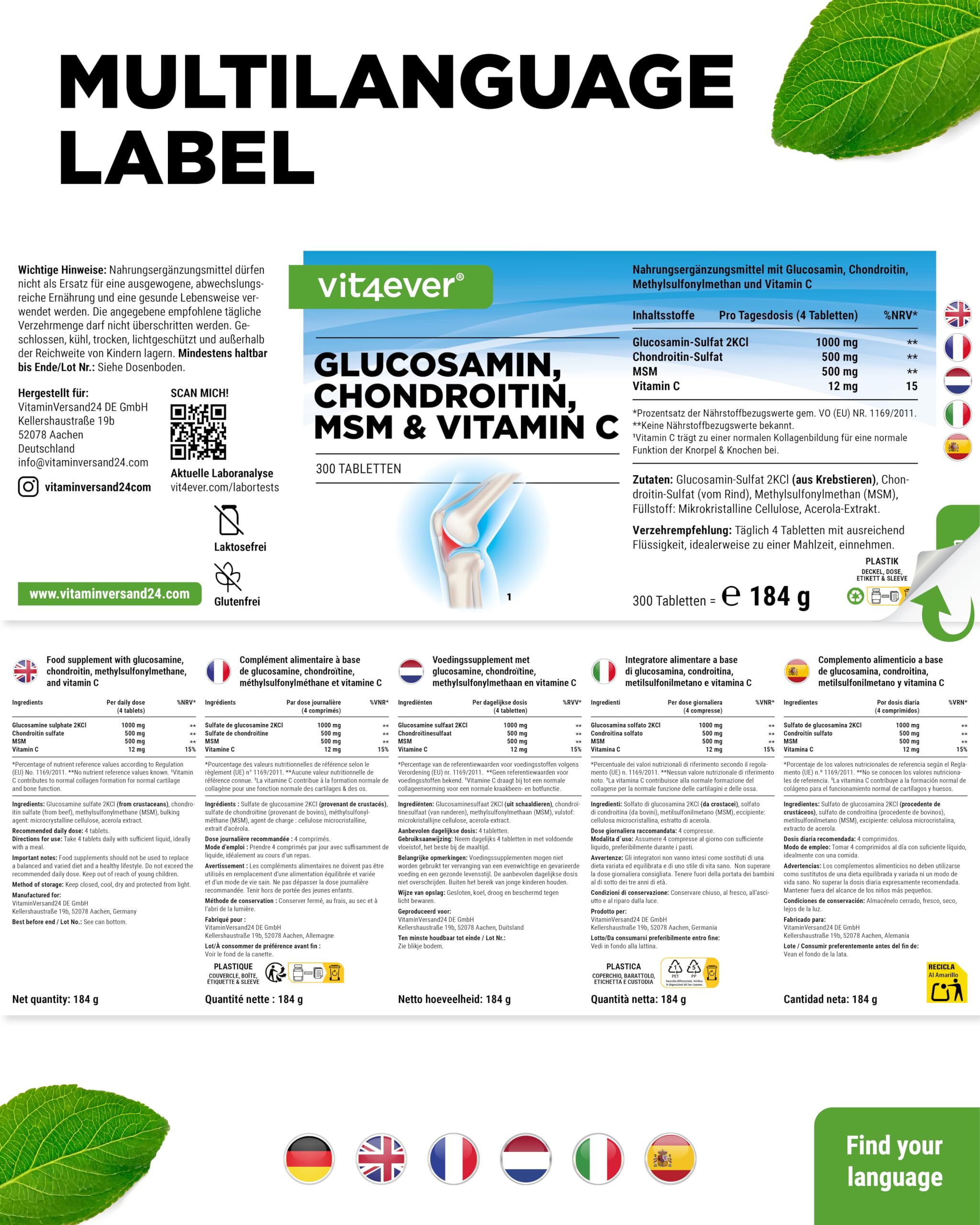vit4ever Glucosamin Chondroitin MSM - 300 Tabletten - 4-in-1 Formel 8
