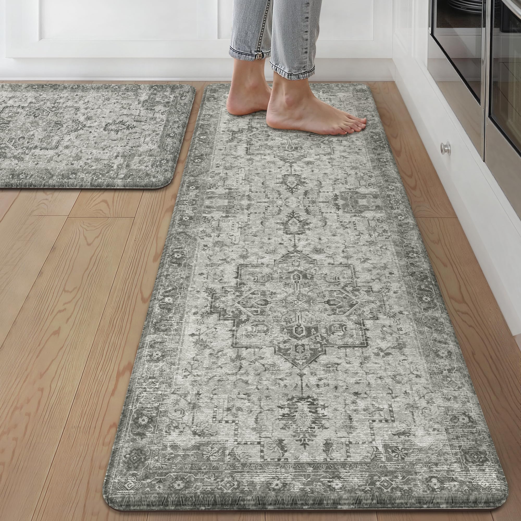 Photo 1 of GENIMO Kitchen Mats for Floor 2PCs, Washable Anti Fatigue Mat for Cushioned, 17.3"x59"+17.3"x30", Waterproof Kitchen Rugs, Non Slip Standing Mat Rug for Home, Runner, Sink, Laundry, Vintage Grey