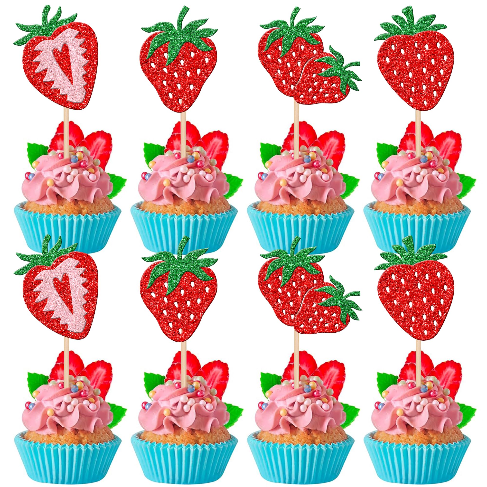 24 PCS Strawberry Cupcake Toppers Glitter Sweet Fruit Theme Birthday Strawberrry Cupcake Picks for Strawberry Theme Baby Shower Kids Birthday Berry Party Cake Decorations Supplies Red