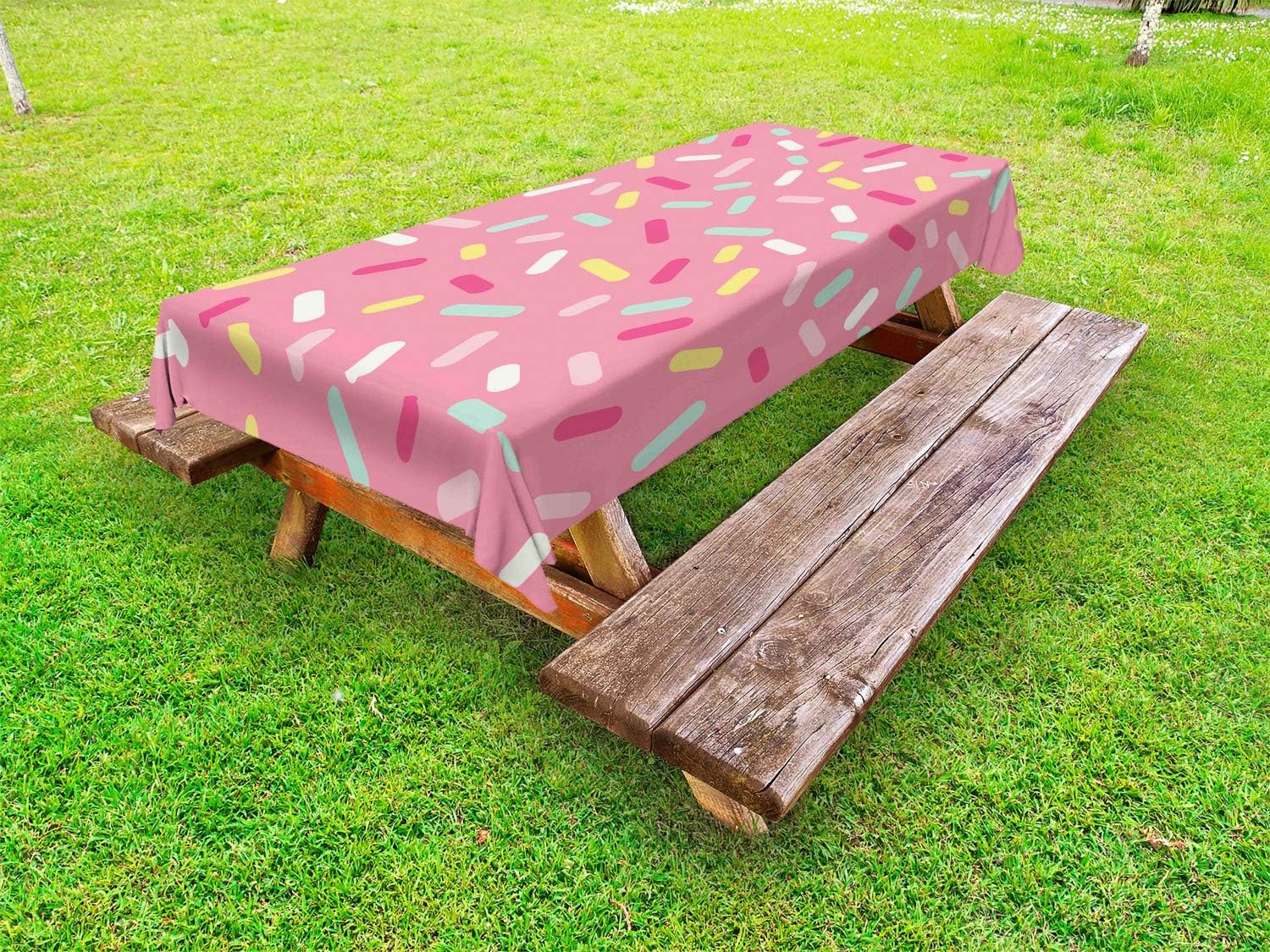 Ambesonne Pink and White Outdoor Tablecloth, Abstract Pattern of Colorful Donut Sprinkles Tasty Food Bakery Theme, Decorative Washable Picnic Table Cloth, 58