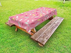 Ambesonne Pink and White Outdoor Tablecloth, Abstract Pattern of Colorful Donut Sprinkles Tasty Food Bakery Theme, Decorative Washable Picnic Table Cloth, 58