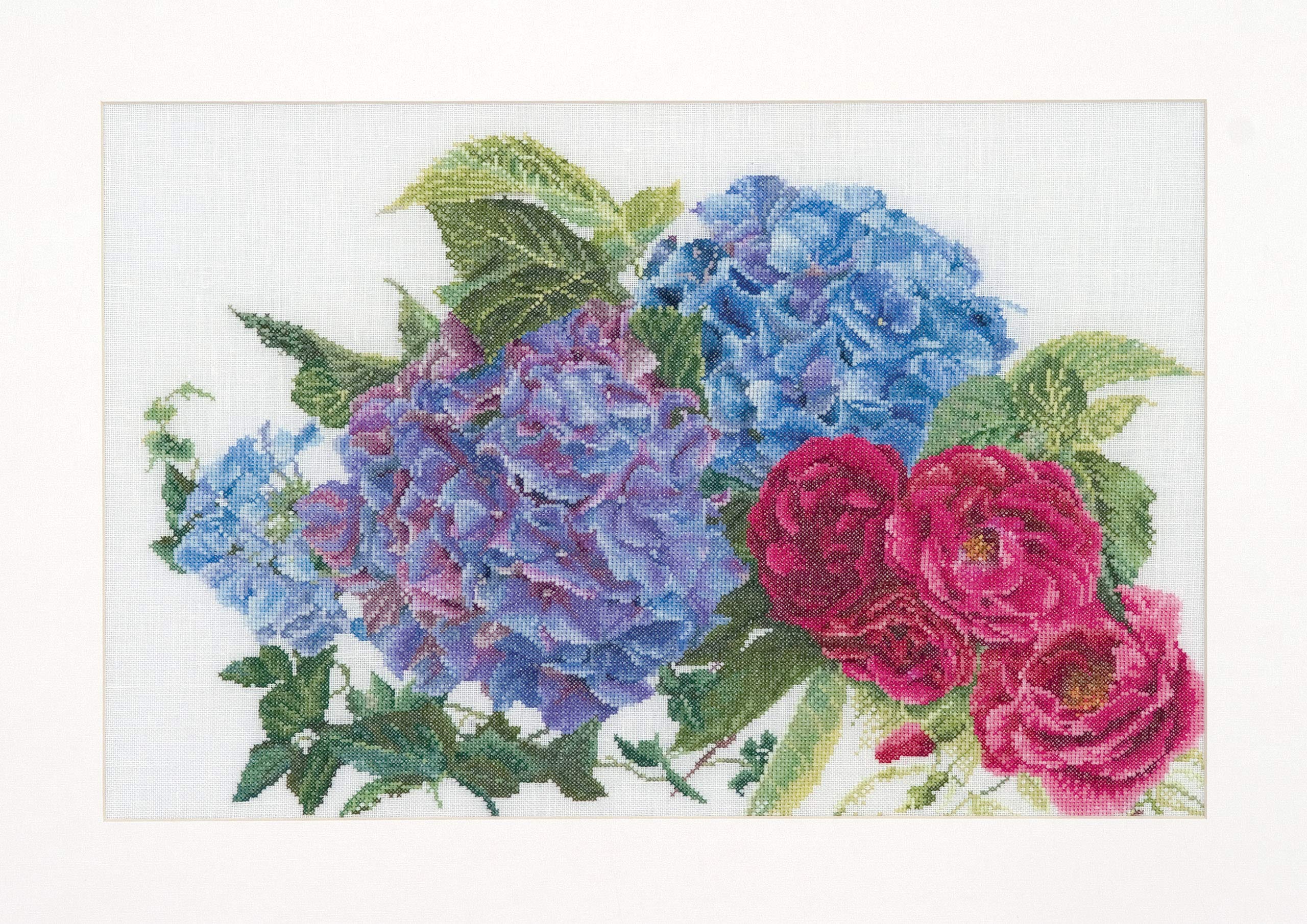 Thea Gouverneur - Counted Cross Stitch Kit - Hydrangea & Rose - Aida - 16 Count - Embroidery Kit for Adults - DMC Embroidery Threads and Other Cross Stitch Supplies Included - 442A