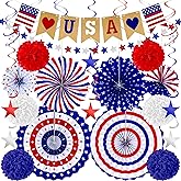 26 PCS 4th of July Decorations, Red White Blue Paper Fans in Patriotic Designs, 4th of July Banner Pompom Star Garland and Hanging Swirls Set for Fourth of July Independence Day Party Supplies Decor