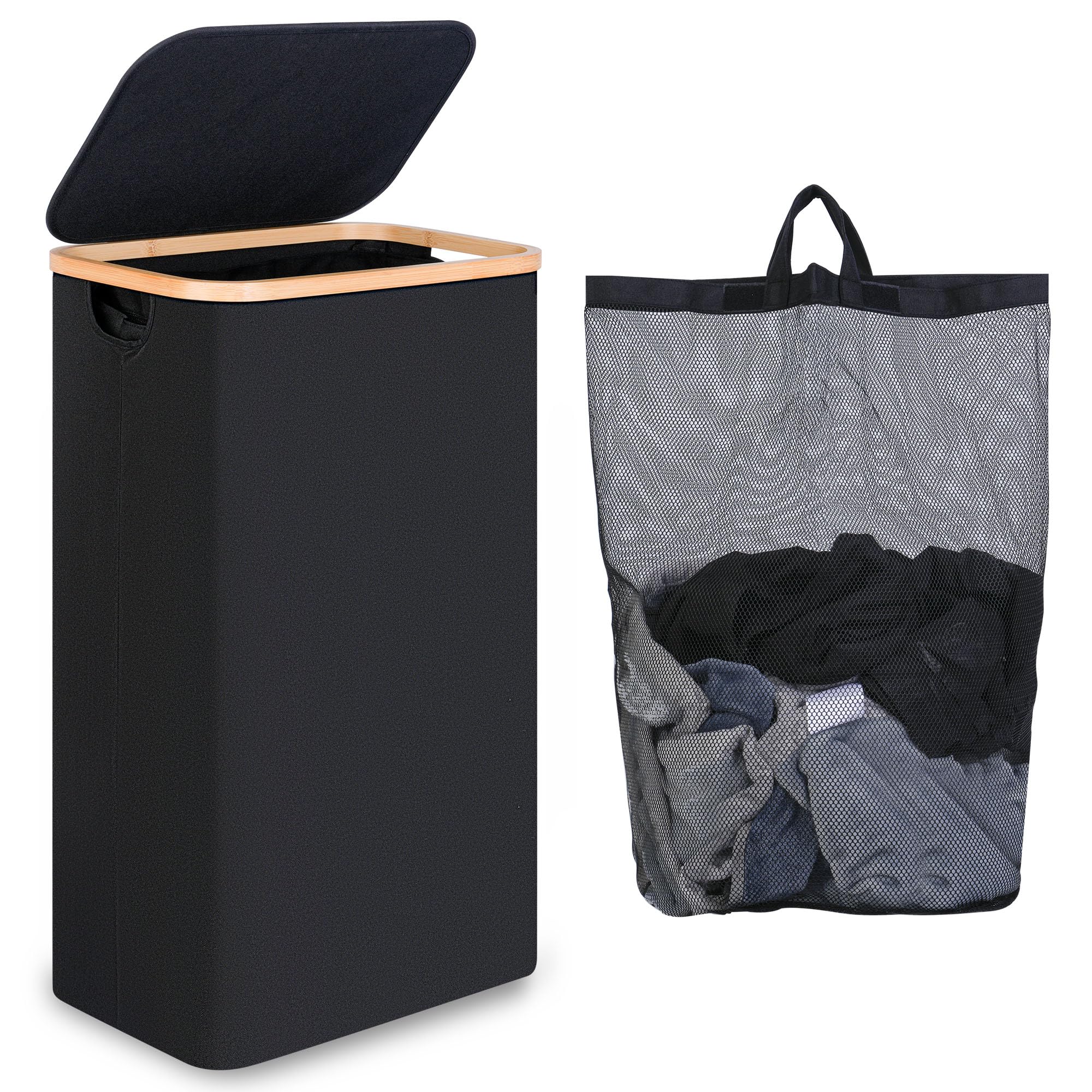 iEGrow Collapsible Laundry Basket 110L, Laundry Baskets with Lid and Handle, Laundry Hamper with Removable Inner Bag, Bamboo Washing Basket (Black, 75L)