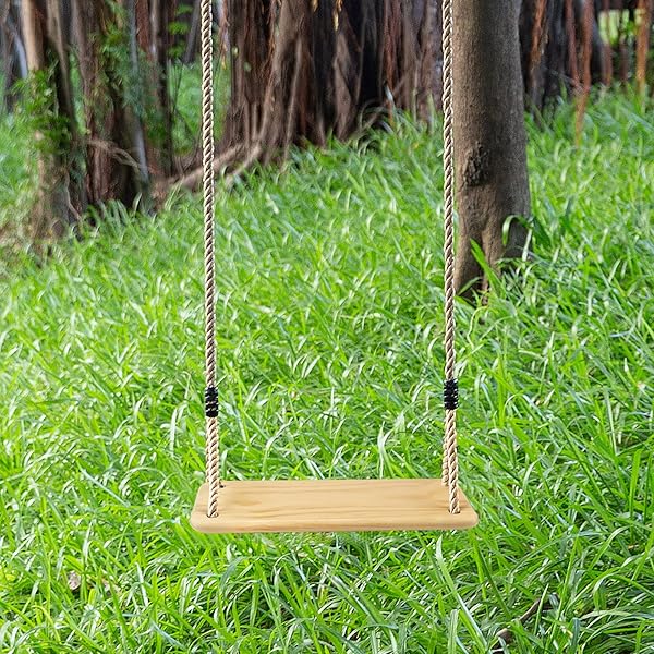WOODEN SWING HANGING TREE SWINGS, WOOD SWINGS SEAT 19.7 * 9.8IN TO KIDS CHILDREN WITH ADJUSTABLE ROPE PLUS TREE STRAPS FOR BACKYARD, PLAYGROUND, PORCH, PATIO, GARDEN, PARK OR HOME