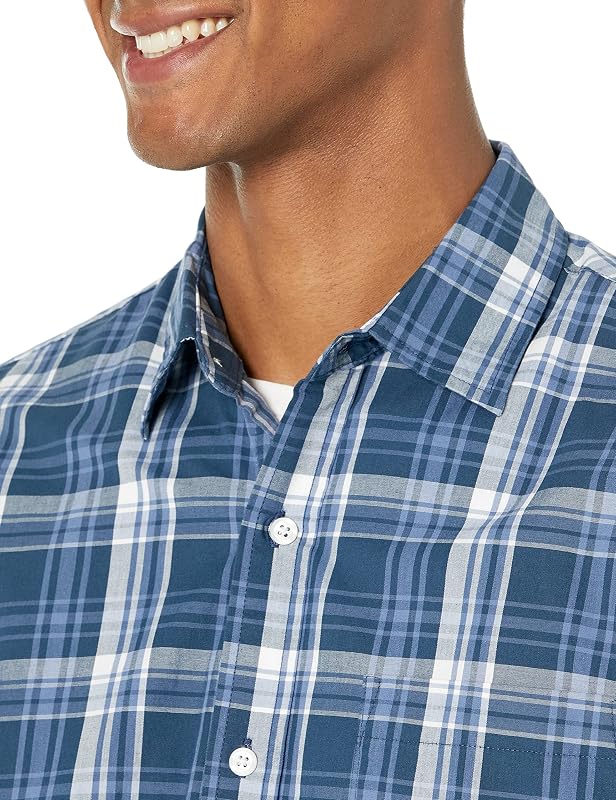 Camisa Informal de Popelina de Manga Corta Hombre, Azul Marino Cuadros Medio, M