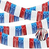 4 Packs Total 39 Feet 4th of July Parade Floats for Trailer Car, Red White Blue Foil Fringe Garland Patriotic Tinsel Streamers Banner Table Skirts for Graduation Homecoming Wedding Birthday Party