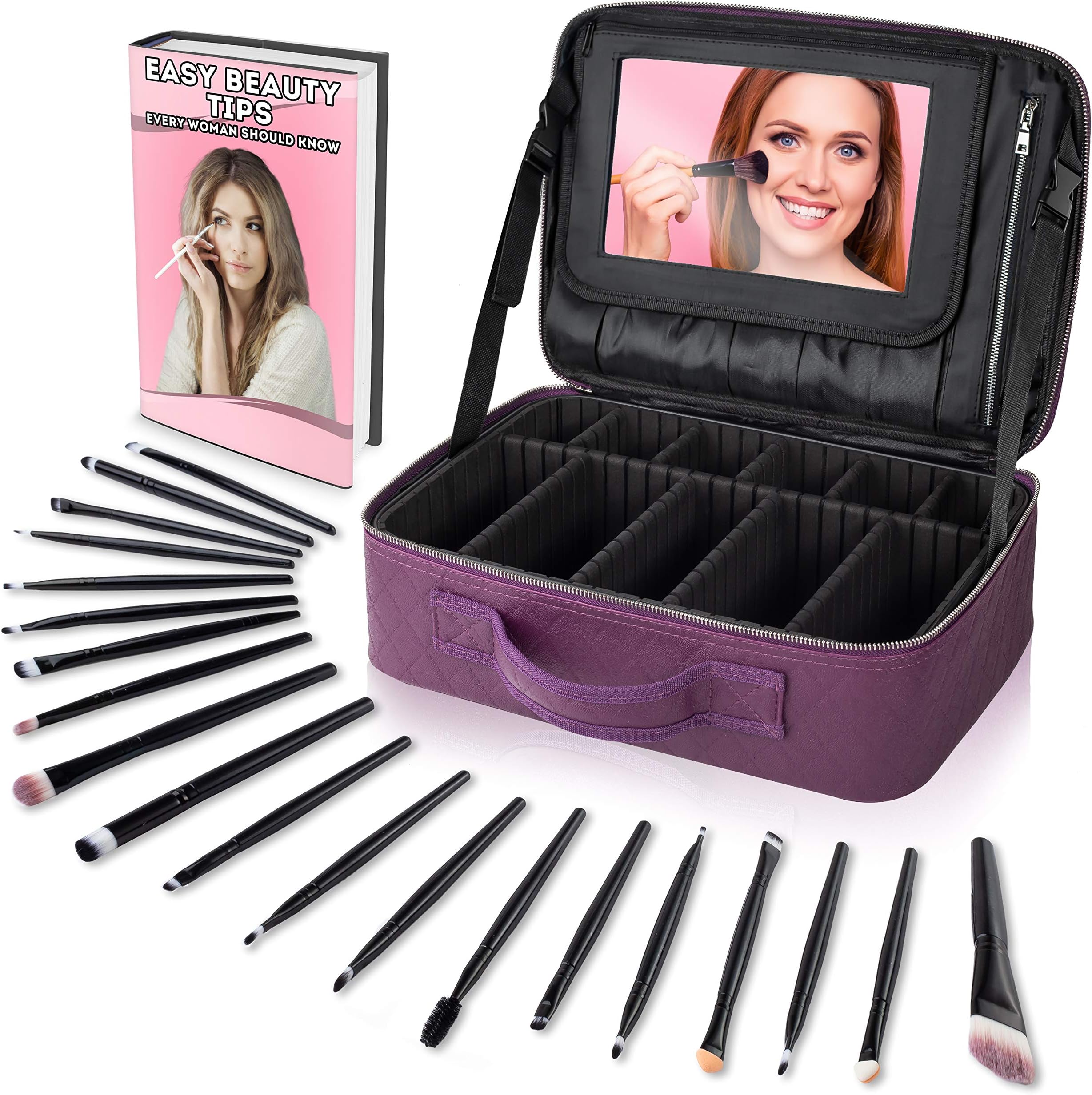 Large Makeup Bag Organizer with Mirror + Makeup Brush Set – Cosmetic Train Case, Adjustable Dividers, Zipper Pocket, Brush Pouches – Portable Travel Makeup Case + 20 Makeup Brushes by Camoone,Purple