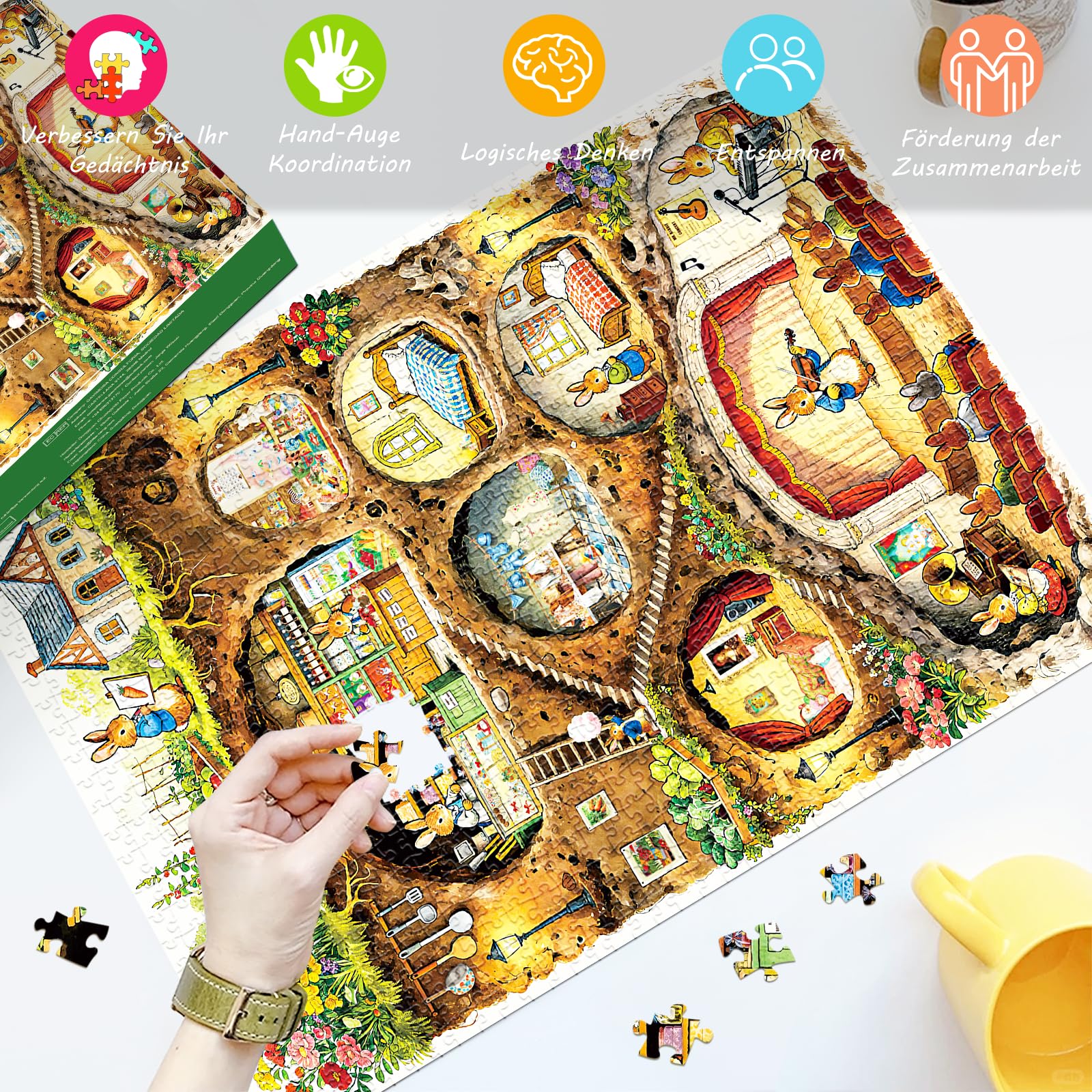 HUADADA Puzzle 1000 Teile - Puzzle 1000 Teile Erwachsene - Familieninteraktives Puzzle Geschenk -Thema:Kaninchenbau 4