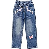 KIDSCOOL SPACE Girls Jeans, Ribbed Elastic Waist Embroidered Denim Pants