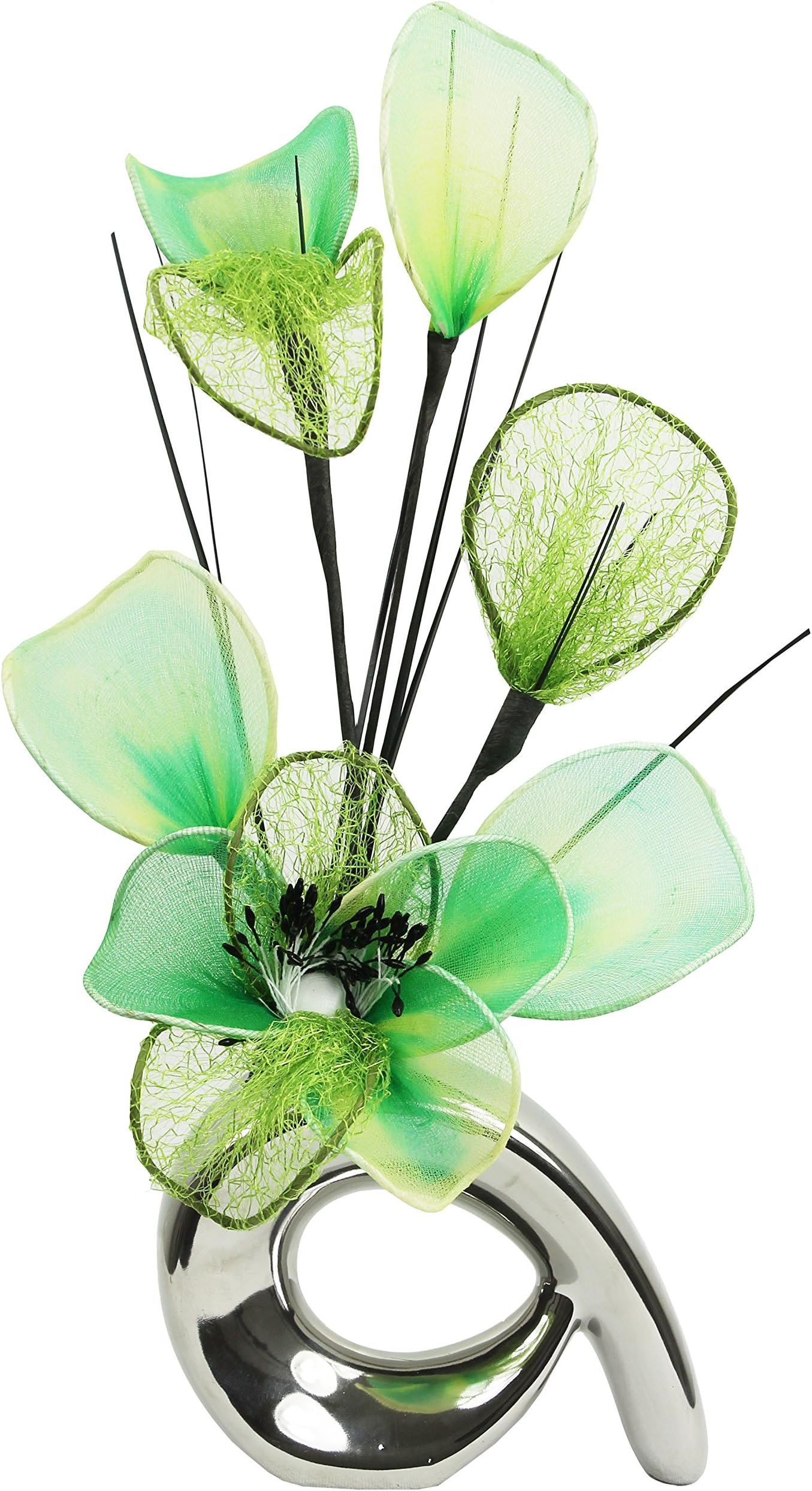 Silver Vase with Bright Green Artificial Flowers, Ornaments for Living Room, Window Sill, Home Accessories, 32cm