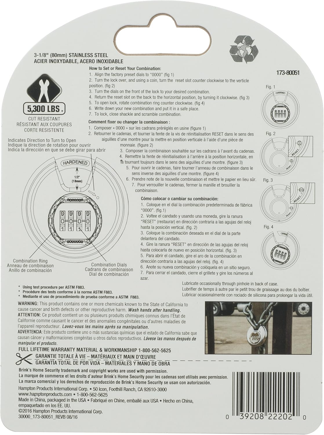 BRINKS 173-80051 80Mm Stainless Steel Resettable Combination Discus Padlock: Automotive